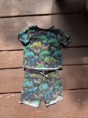 Kids Chameleon Print Tee & Shorts Set - Black with Green/Blue